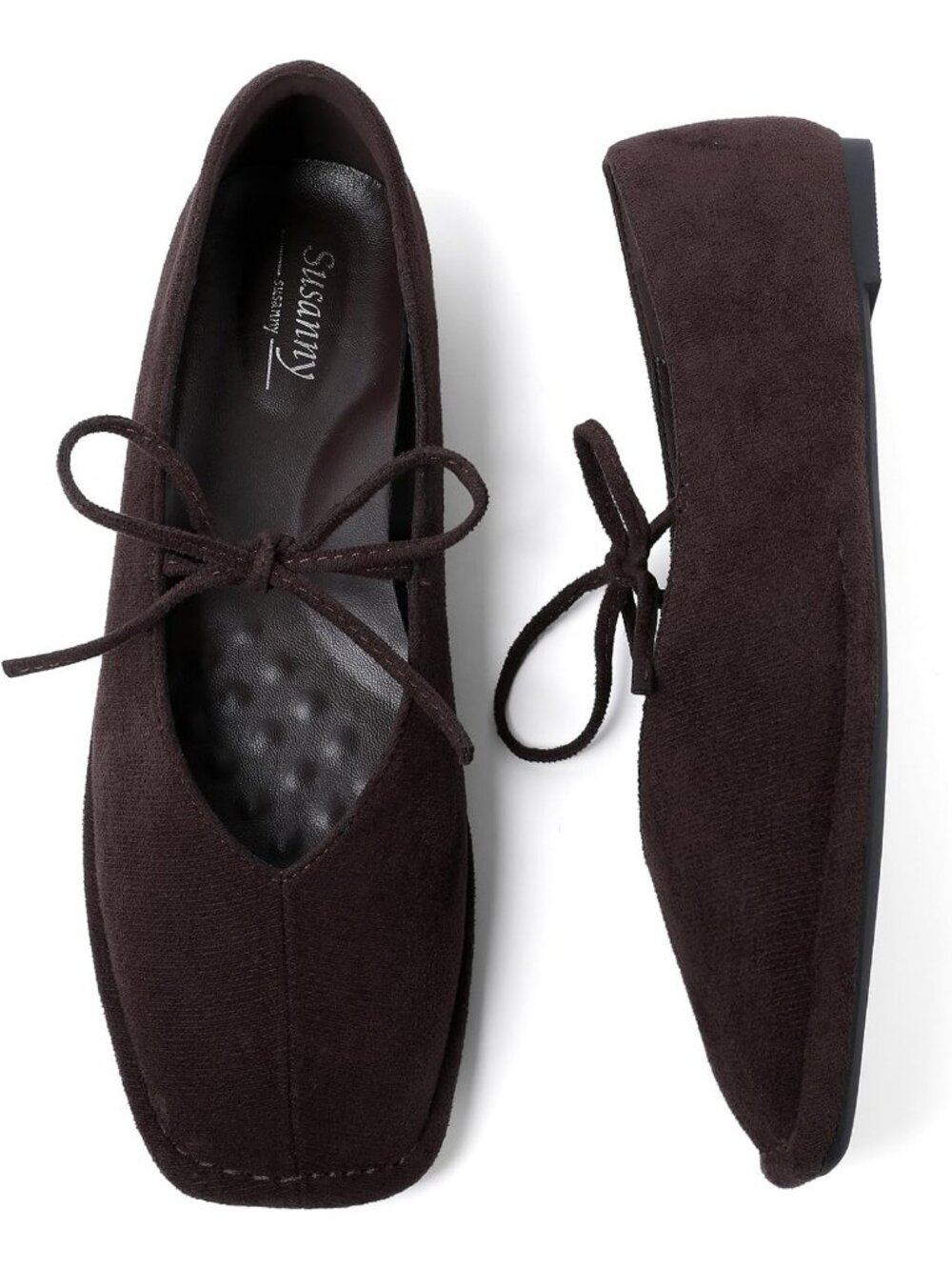 Women's Express Brown Square Toe Strap Ballet Flat Lace Up Bow Comfortable Shoes